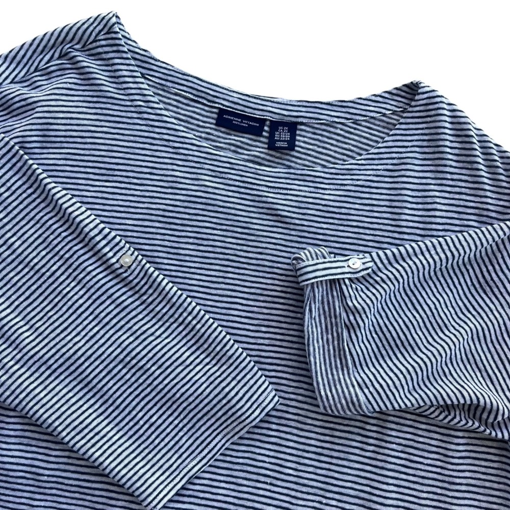 Adrienne Vittadini Women 2X Navy White Striped 100% Linen 3/4 Sleeve Top Coastal